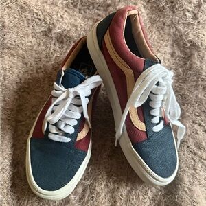 Vans Old Skool Navy, Maroon & Tan Canvas Shoes - Sz 8.5 - EUC